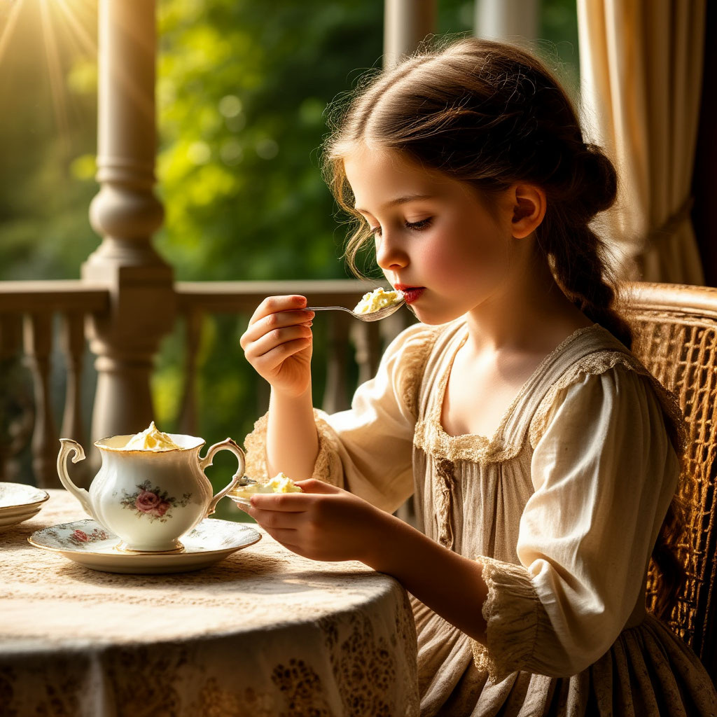 шедеврум: На залитой солнцем веранде сидит девушка в старинном платье и ложкой ест пудинг из креманки