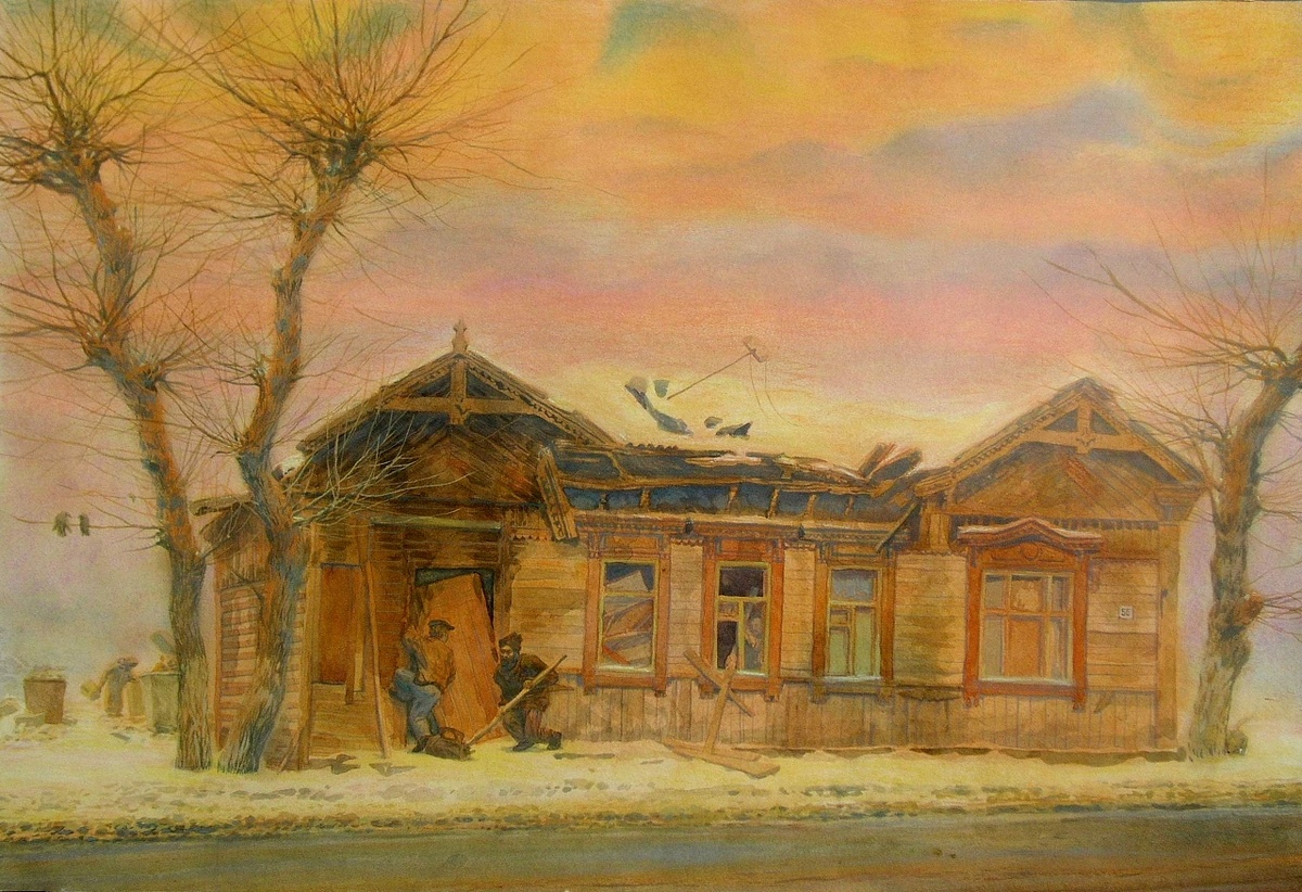 Пресняков М. А. Смерть дома. 2003 г., бум., акв., бел., паст., 55,5х80,5