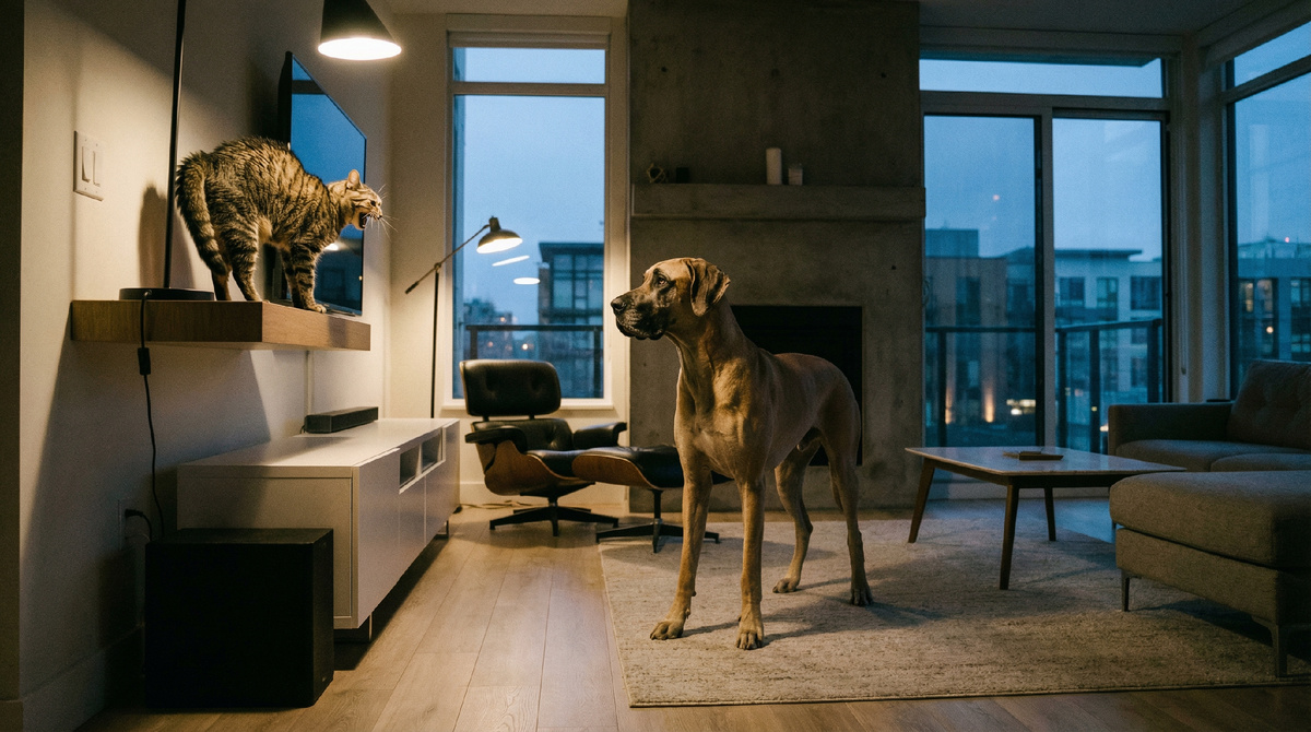 Кошка шипит на собаку