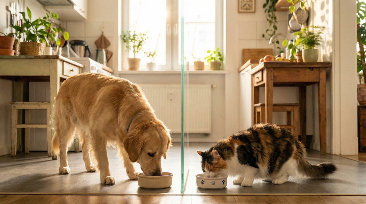 Кошка и собака едят вместе
