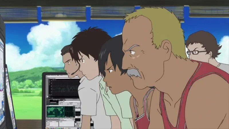 Кадр из аниме «Летние войны» с главными мужскими характерами фильма.