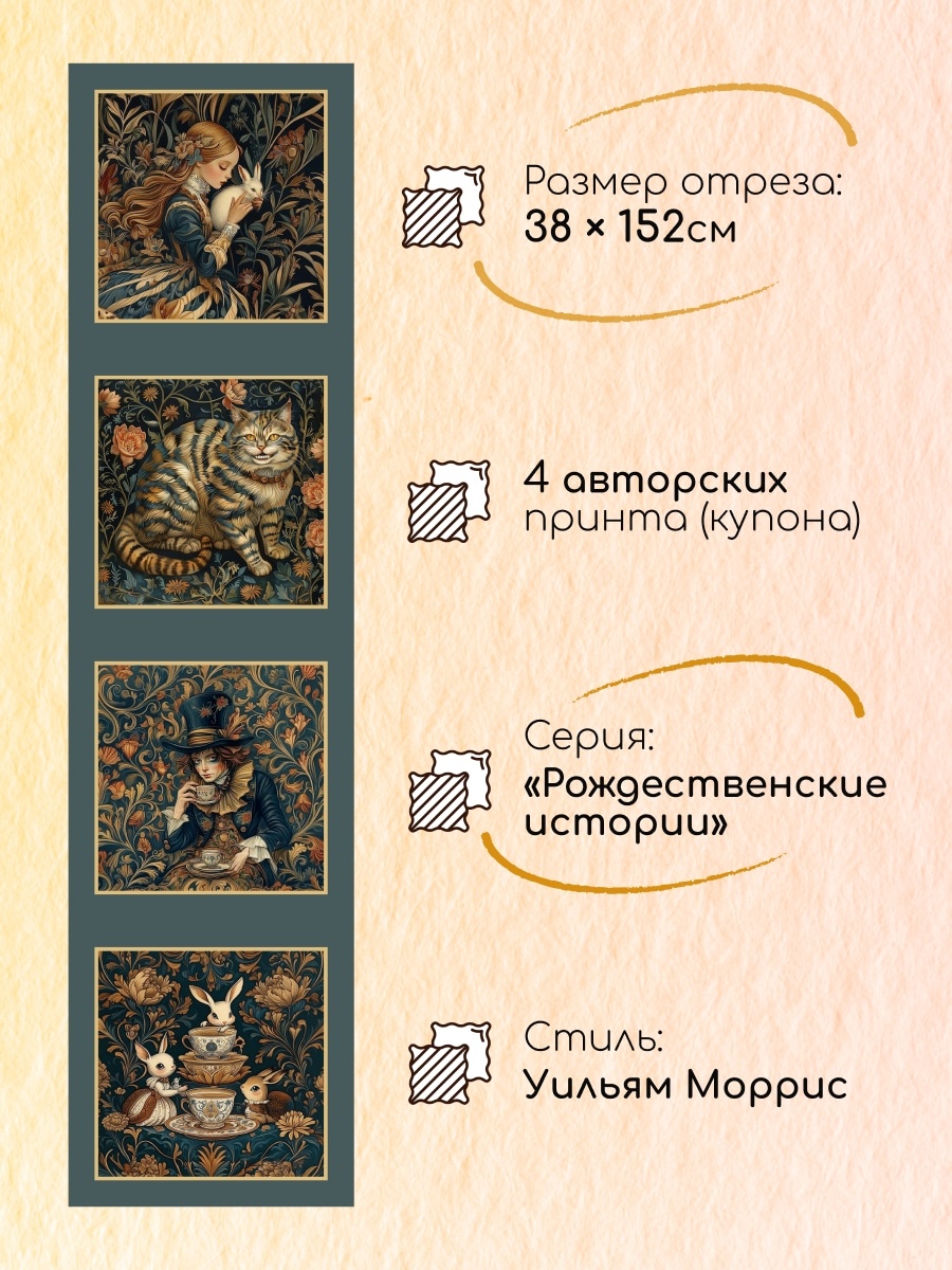 Размеры отреза ткани | Уникальные ткани с принтами на 100% хлопке с рисунком "Алиса в Стране Чудес" в стиле Уильяма Морриса от ARTGARDEN