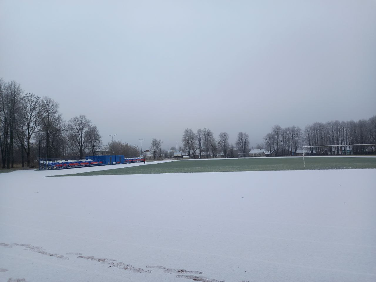 Наш стадион в самом начале снегопадов. Сейчас там всё заметено, и прогулки отменились.