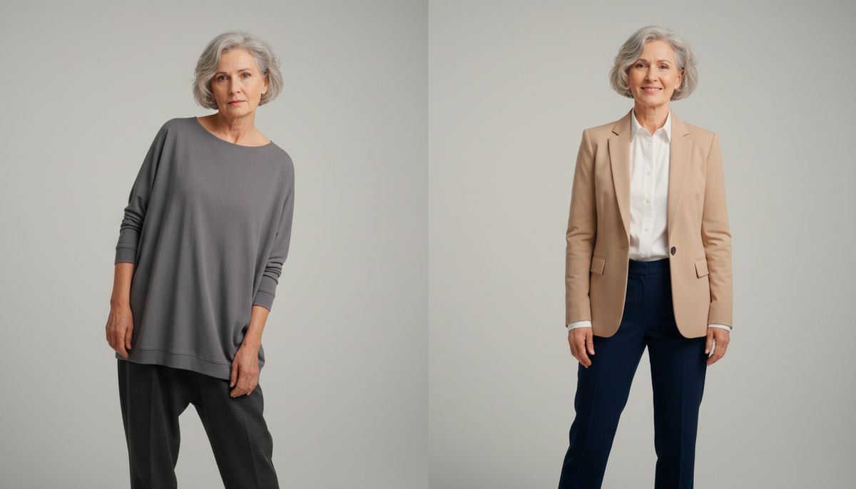 Видите разницу? Слева — бесформенная туника, которая скрывает фигуру и добавляет возраст. Справа — структурированный жакет, который подчёркивает силуэт и молодит. И это одна и та же женщина!
