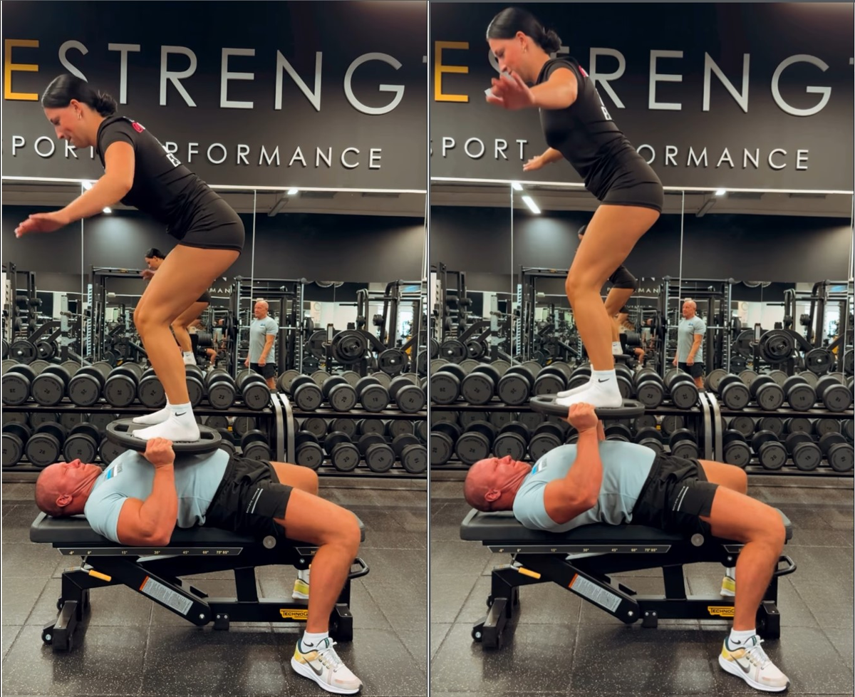 На одном из видео он даже пожал лежа блин на котором стояла его девушка.