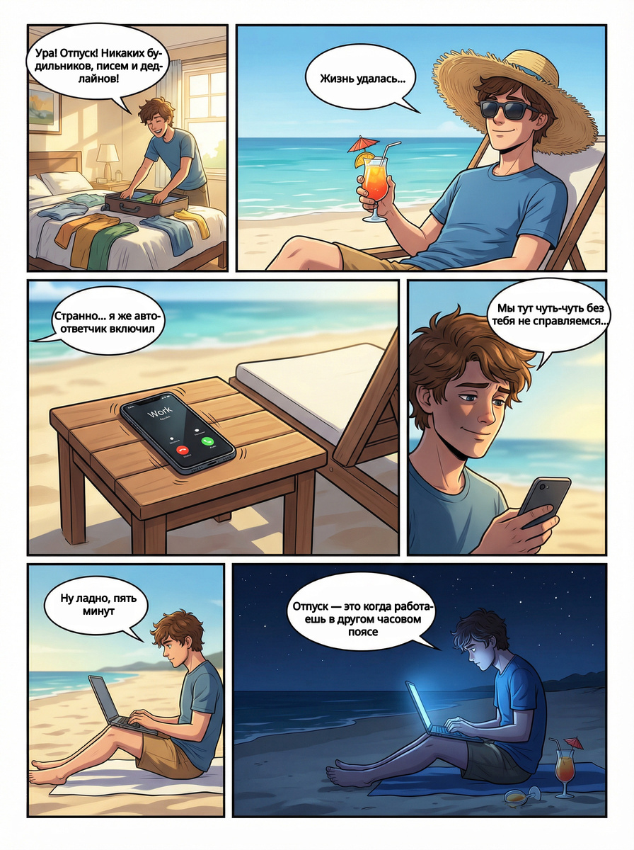 Он уехал за морем, солнцем и тишиной — но работа нашла его быстрее, чем загар.
Мини-комикс о том, как «всего один ответ» незаметно превращает отпуск в удалёнку, а другой часовой пояс — в иллюзию свободы.