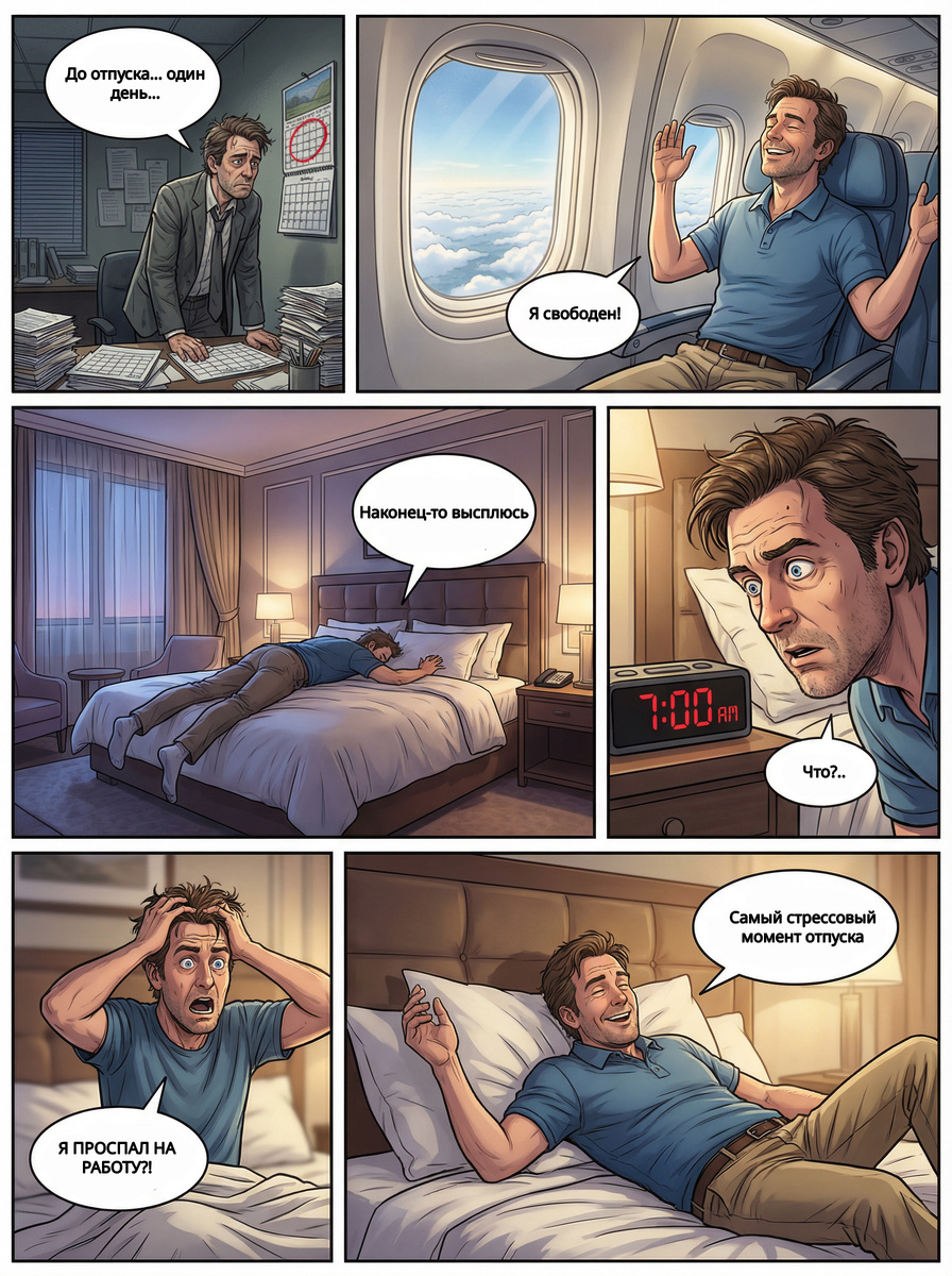 До отпуска — один день, в голове свобода, в теле усталость.
Он мечтает выспаться впервые за долгое время… но тревога сильнее сна.
Ироничный мини-комикс о том, как рабочие рефлексы просыпаются даже тогда, когда работа уже осталась позади.