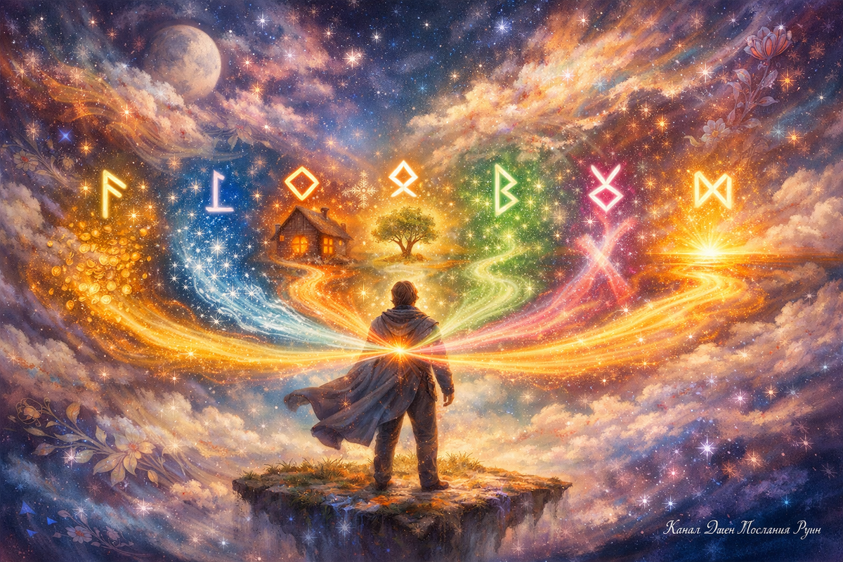 «Руническое гадание на Рода и судьбу: шесть рек родовой силы, шесть рун — Феху, Лагуз, Отила, Беркана, Гебо, Дагаз. Этот расклад на рунах помогает понять, какие родовые дары вы уже несёте и как изменить свой сценарий с помощью магии Рода.»