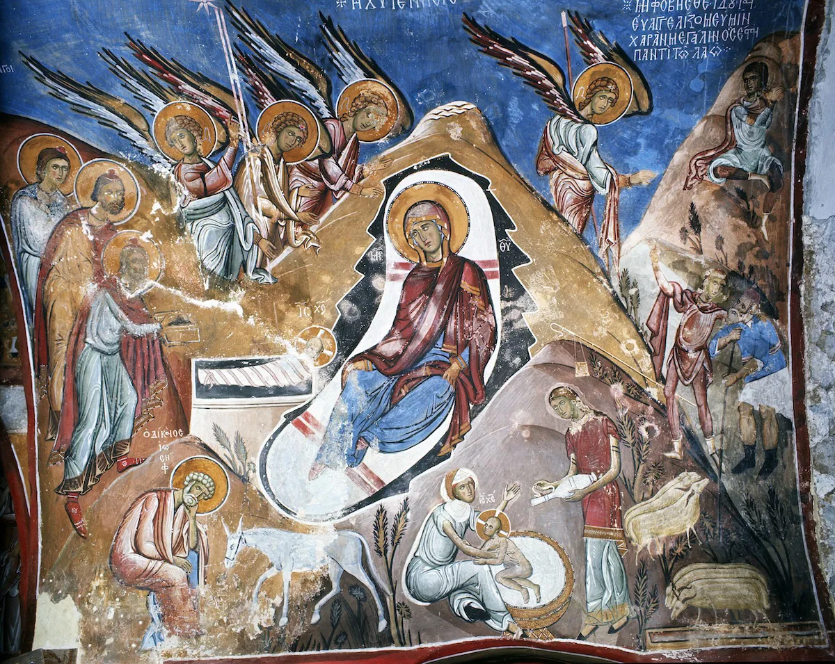 Византийская настенная роспись с изображением Рождества Христова, 1192 год. Церковь Панагия Ту Аракос, Кипр. Фотографии Сони Холлидей/Bridgeman Images. 