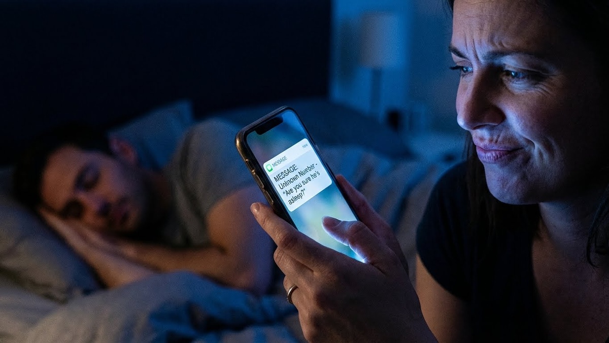 Женщина читает сообщение на телефоне спящего мужа