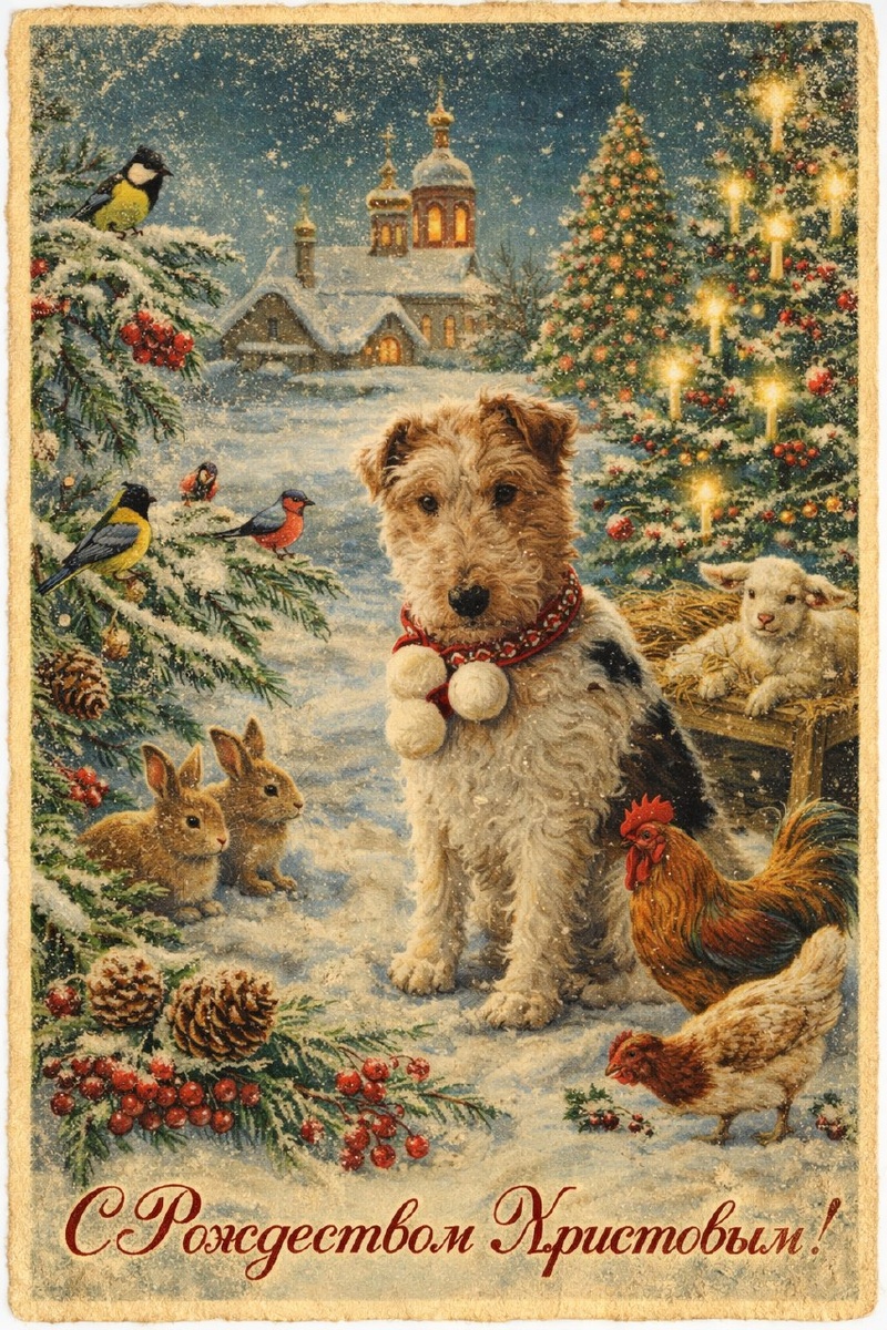 Открытка сделана с помощью ИИ. На основе сделанной мною фотографии Нюши.