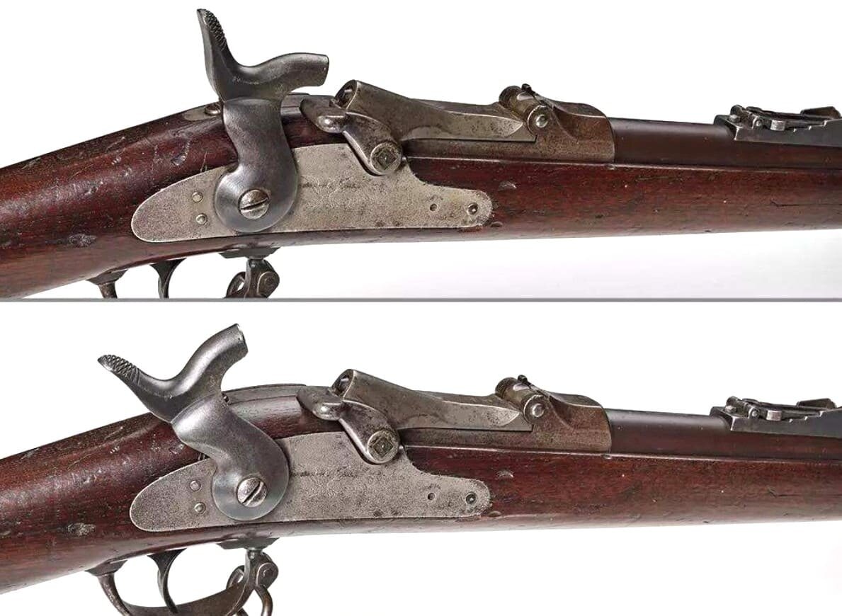 Полувзвод курка для заряжания-разряжания (вверху) и полный взвод (внизу).