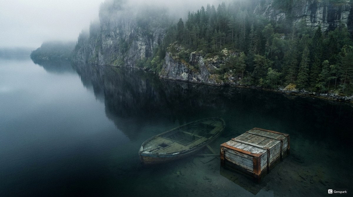 Согнефьорд, Норвегия. Место, где в 1945 году затонула немецкая лодка с секретным грузом. Реконструкция по воспоминаниям очевидцев