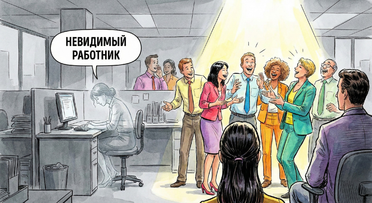 ​«Когда скромность тормозит карьеру»Эта сцена демонстрирует классическую проблему компетентных интровертов. Пока герой погружен в работу и приносит реальную пользу, он буквально исчезает для руководства. Его прозрачность — символ недооцененности, в то время как социальный капитал и внимание достаются тем, кто громче заявляет о себе, даже если их вклад меньше.