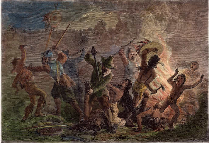 Резня индейцев-пекотов английскими колонистами, май 1637 года, Коннектикут. Гравюра на дереве, 19-й век