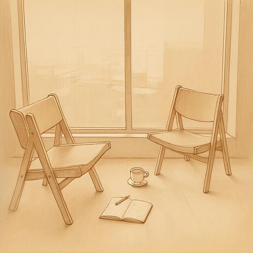 Стильная минималистичная иллюстрация: два стула стоят под углом друг к другу у окна, на подоконнике — чашка чая и тетрадь с карандашом. Всё в светлых, уютных тонах. Образ спокойного, безопасного разговора.