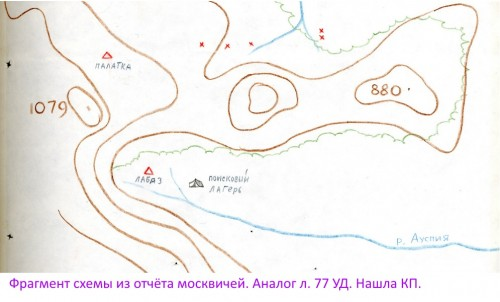 Фото 2. Схема местности, нарисованная Масленниковым, с обозначением лагеря поисковиков и места "лабаза". Из материалов УД.