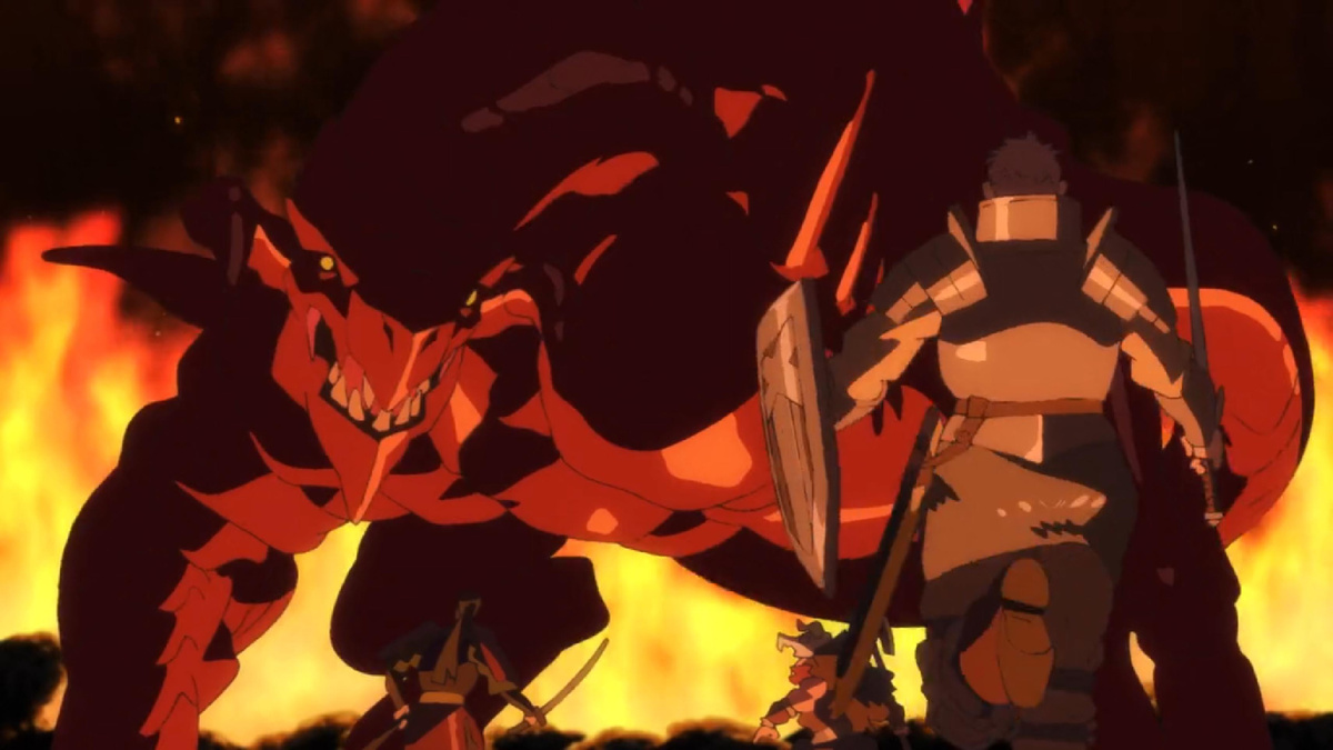 Кадр из аниме «Подземелье вкусностей» дракон выступает против Лайоса.