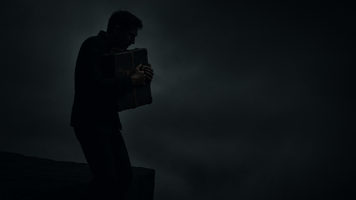 Человек держится за старый чемодан на краю пропасти