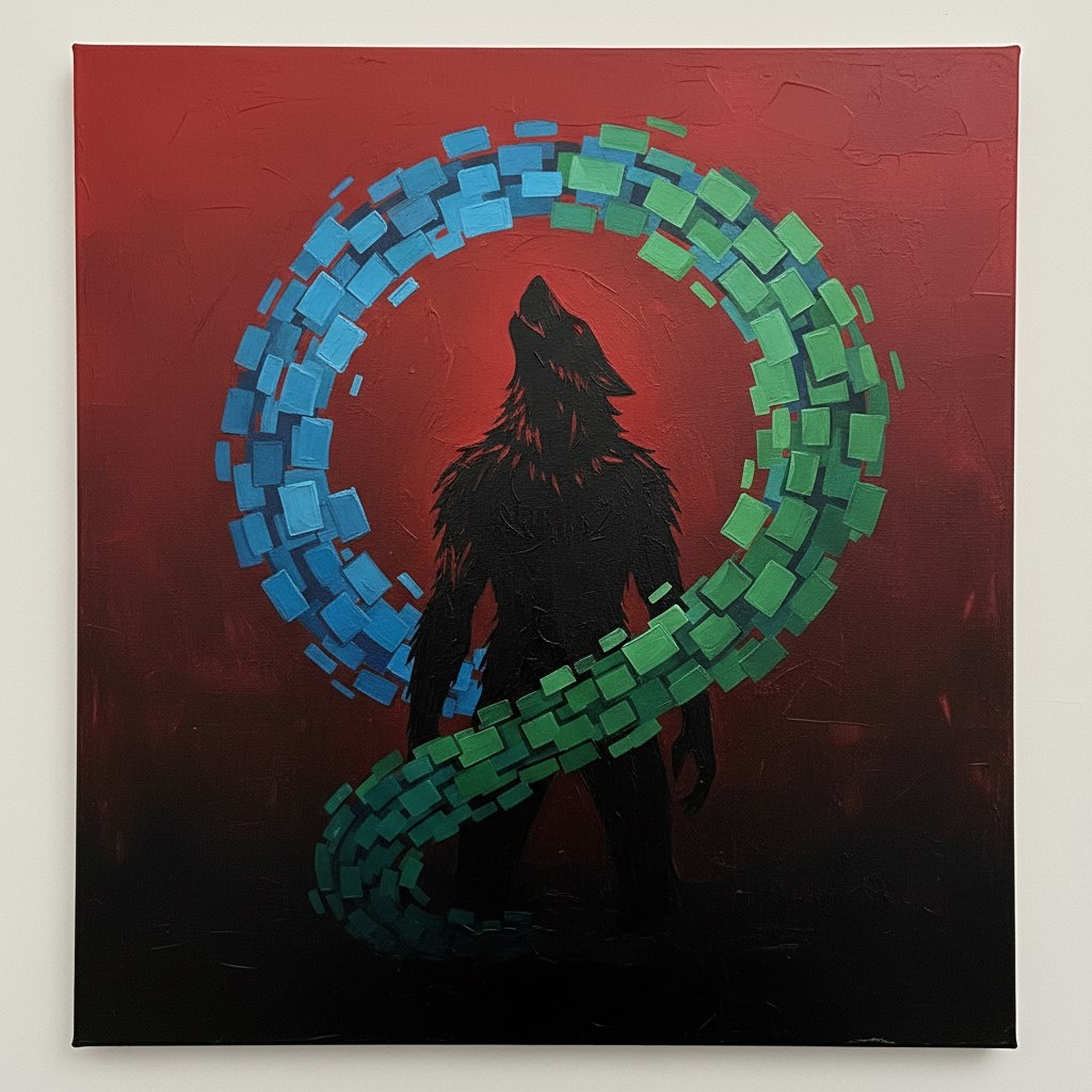 Изображение сгенерировано Nano Banana по промту: «Шедевр, высочайшее качество, высокая детализация, абстрактная живопись в цветовом градиенте от красного к черному, силуэт фигуры оборотня на фоне спирально закручивающегося потока блоков в цветовом градиенте от синего к зеленому, минималистская композиция, современное искусство, эмоциональный резонанс, текстурированный холст».