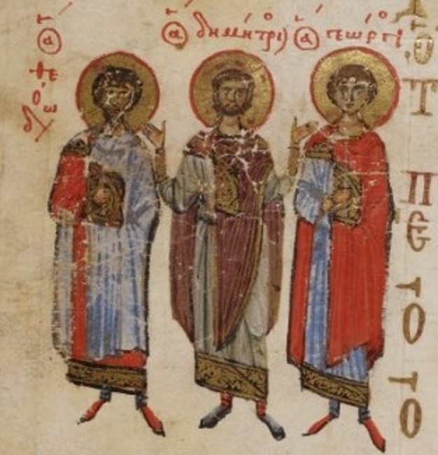 Святые Феодор, Димитрий и Георгий. 11 в. Феодоровская псалтирь.
