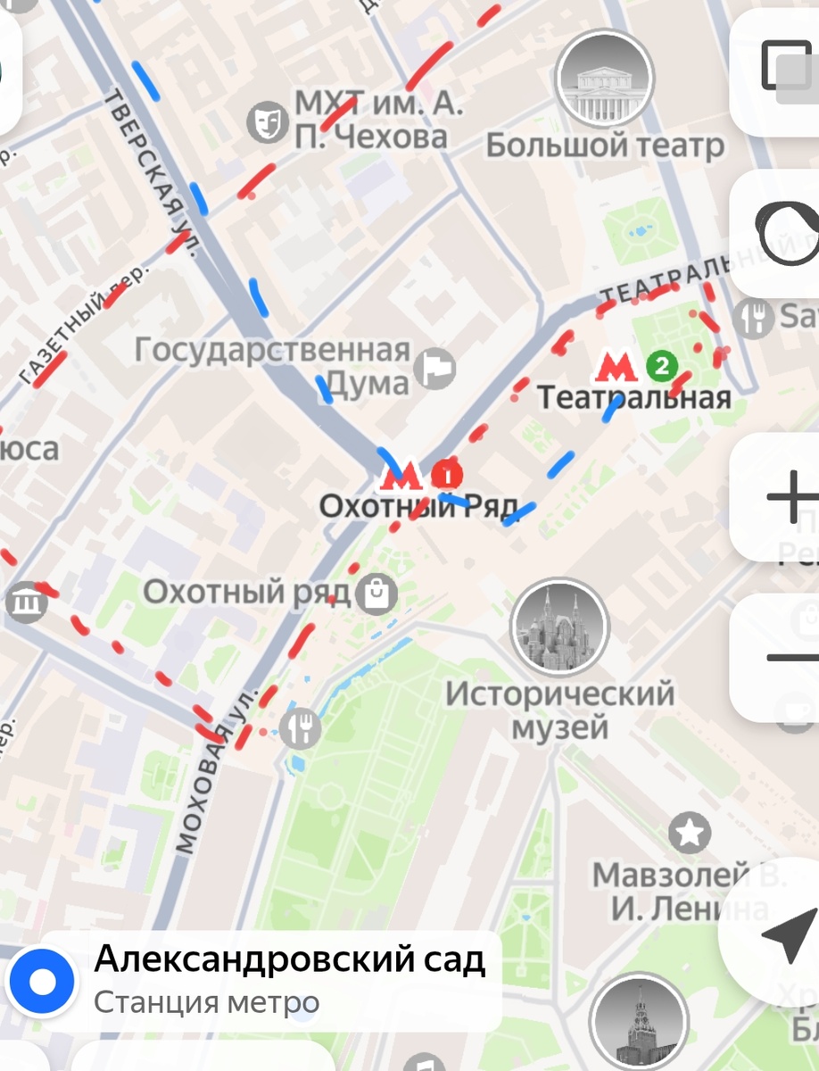 Синим пунктиром - это как хотели прогуляться, красным - как пришлось. 