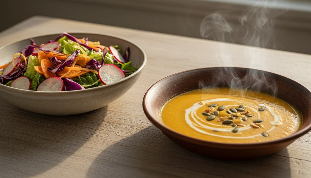 Сырые овощи на пустой желудок = спазм и вздутие. Тёплый суп готовит ЖКТ к перевариванию.