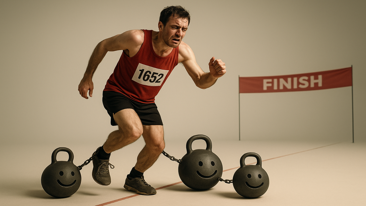 Человек бежит марафон, а на ногах висят три гири с улыбающимися лицами друзей