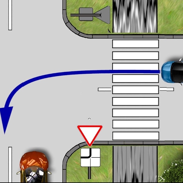 Синий автомобиль двигается левым поворотом