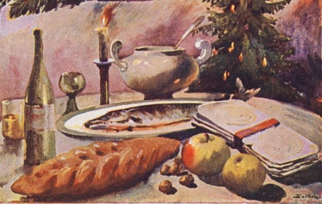 В Рождественский сочельник. Открытка начала XX века. Деталь.