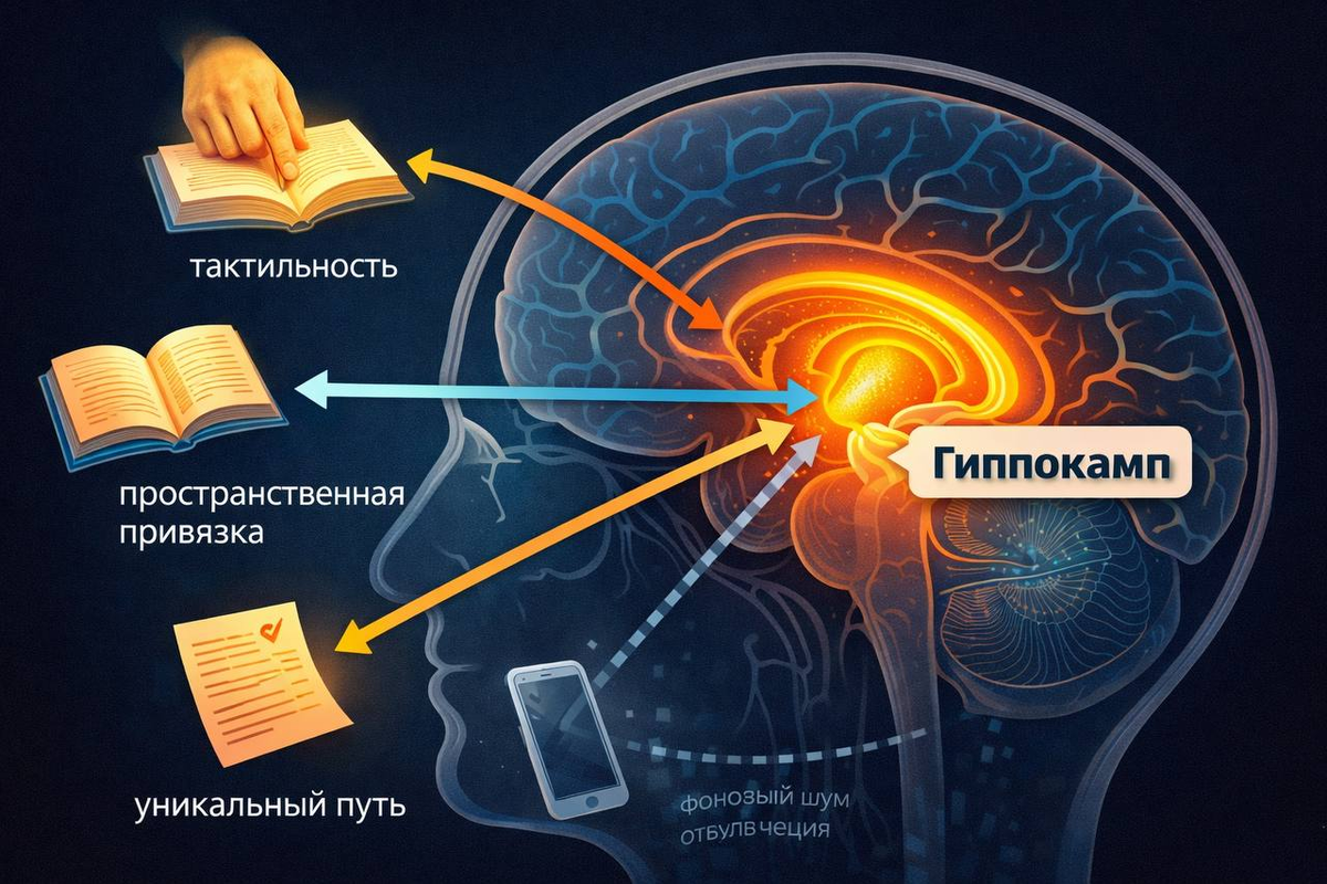 Схема, показывающая, как разные сигналы от бумаги и цифры влияют на гиппокамп