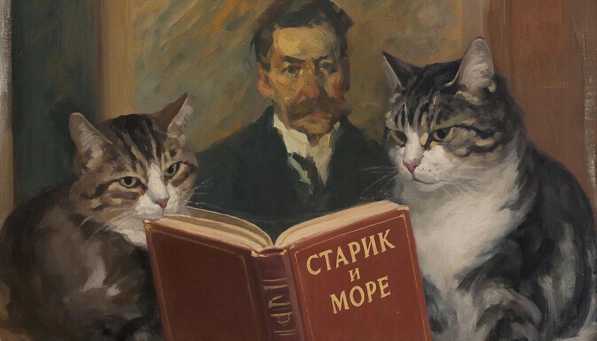 Как известно, Хэм был страстным кошатником. Я тоже люблю кошек. Моэм же вроде предпочитал собак, однако в его произведениях кошкам тоже уделялось внимание. И это правильно! Моя кошка, кстати, к рыбе равнодушна. Удивительно? А то, что кошки на картинке читают повесть Папы, не удивительно?!