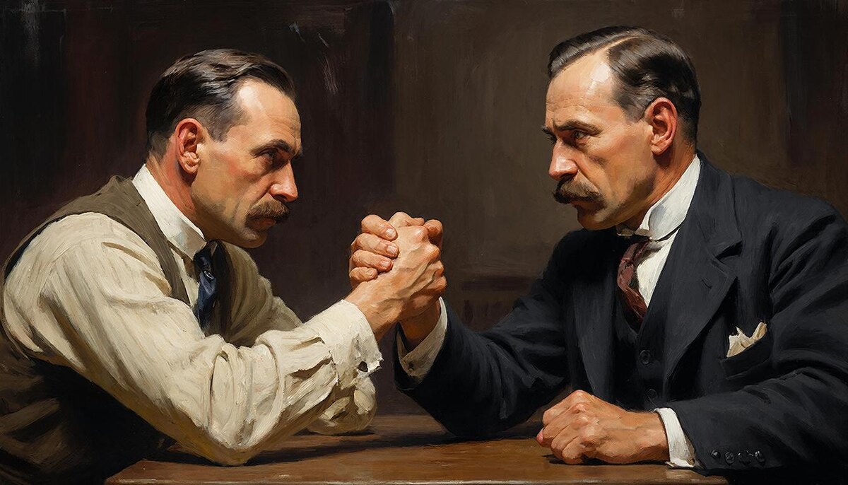 К сожалению, ГигаЧат никак не захотел персонифицировать армрестлеров. Он вообще Хемингуэя, как я понял, не знает. Моэма иногда похоже изображает. а Хэма почему-то нет. Наверное, КГБ виноват. Папа ведь был его агентом, а не в МИ-6 служил, как автор "Бремени страстей человеческих"