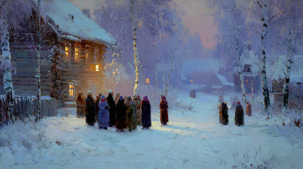 Тёплый свет старого дома зовёт сквозь снежную вьюгу — сегодня вся деревня будто затаила дыхание в преддверии чудесной ночи.