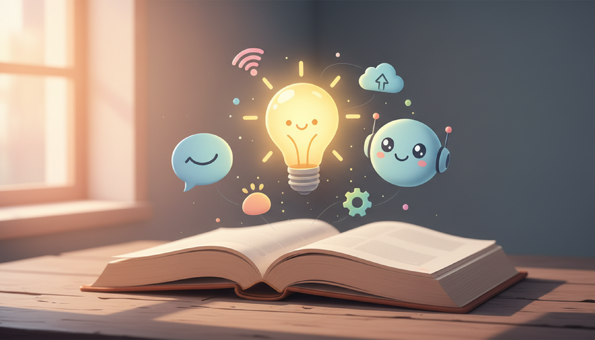 Открытый словарь с иконками технологий — лампочка, робот, чат