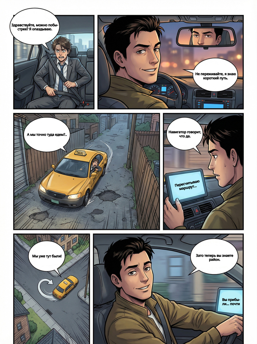 Он спешил и доверился водителю, который «точно знает дорогу».
Навигатор уверен, таксист спокоен, а улицы становятся всё уже и страннее.
Ироничный мини-комикс о доверии, технологиях и тех самых «коротких путях», которые почему-то всегда оказываются длиннее.