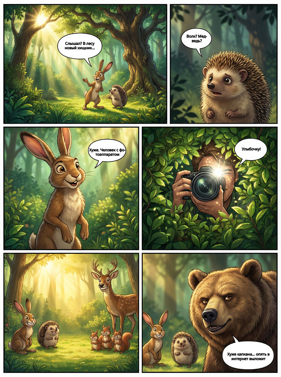 В лесу шепчутся о новом страшном существе. Не волк, не медведь — он тихий, прячется в кустах и ослепляет вспышкой.
Звери ещё не знают, что самое опасное — не клыки, а кнопка «опубликовать». И у этого хищника всегда просят… улыбочку.