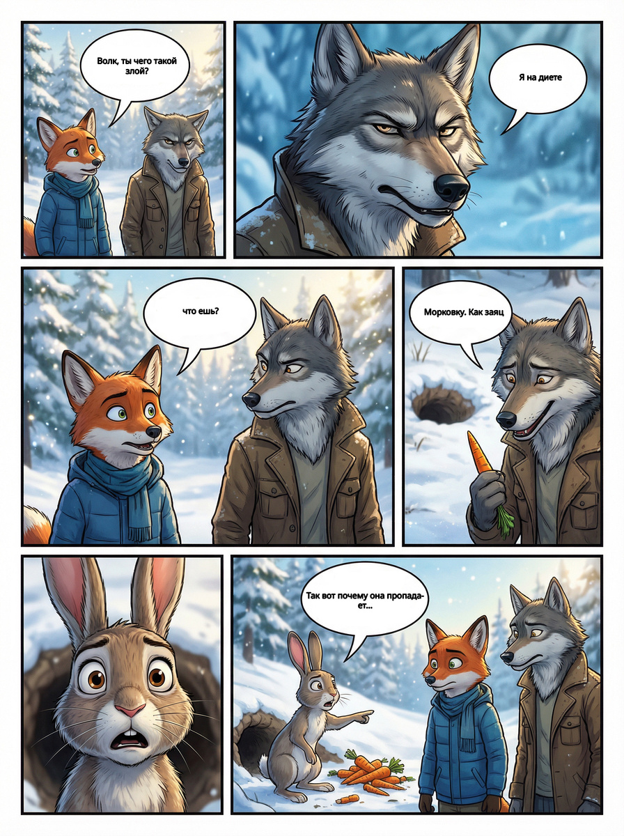 Волк стал злым, подозрительно худым и… странным.
Никакой охоты, никакого мяса — только морковка и плохое настроение.
Но когда в лесу начинают пропадать запасы зайца, становится ясно: мода на диеты опаснее, чем кажется.