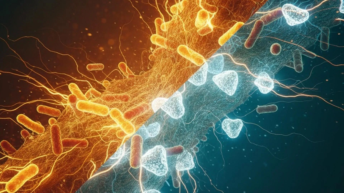 Сгенерированное компьютером разделённое изображение бактерий на поверхности зуба. Изображение: Университет Миннесоты.