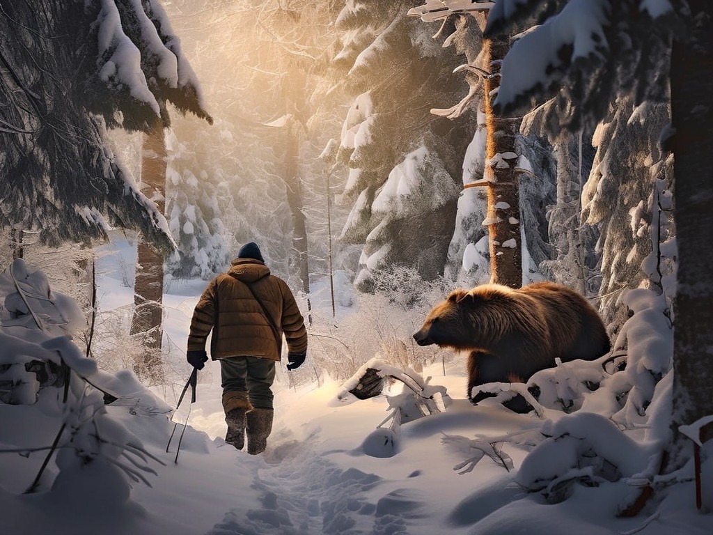 Встретить медведя зимой — событие, конечно, крайне редкое. Но и полностью исключать такой сценарий, нельзя. Время от времени, в тайге появляются шатуны, и они весьма опасны. Картинка создана нейросетью.