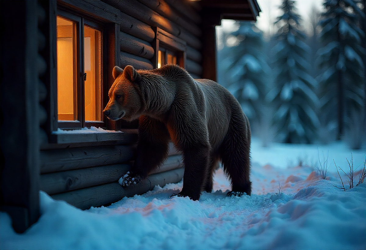 Чаще всего именно окно служит местом проникновения медведя в избу. Картинка создана нейростью.