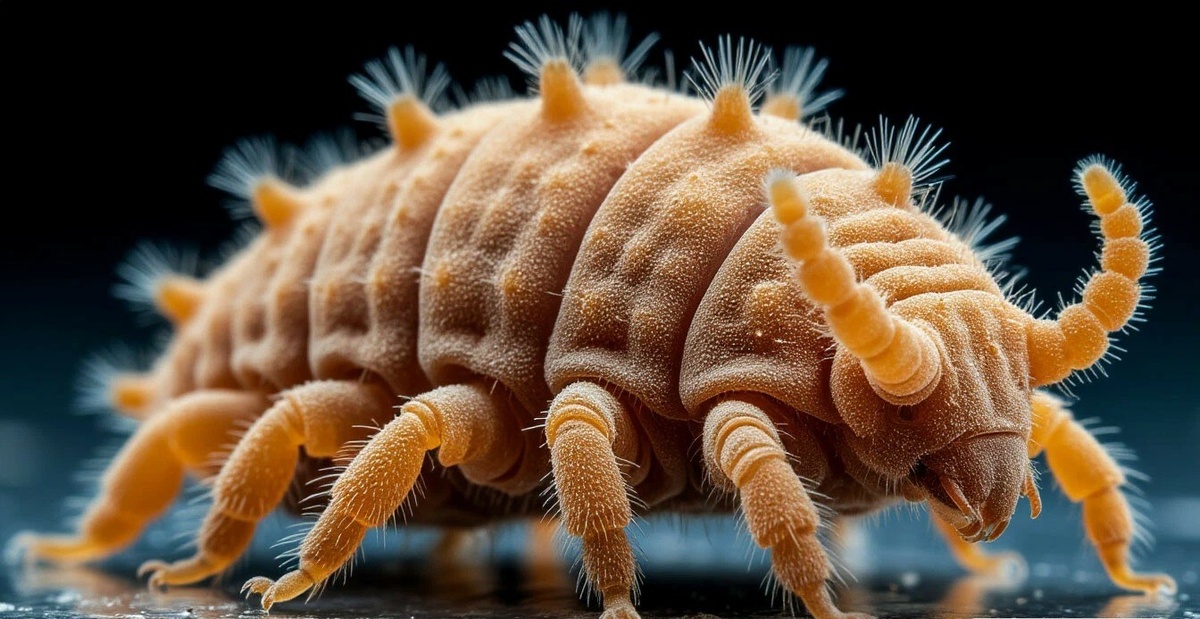 Животное долгожитель тихоходка (водяной медведь) под микроскопом