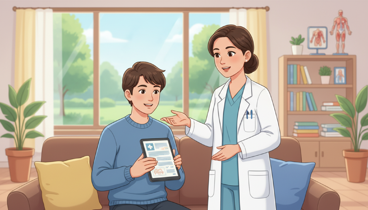 Человек смотрит на экран с медицинскими данными, рядом врач