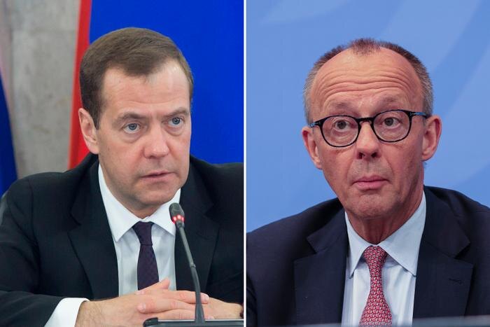 Дмитрий Медведев, Фридрих Мерц. Обложка © Shutterstock / FOTODOM / Max kolomychenko, EUS-Nachrichten