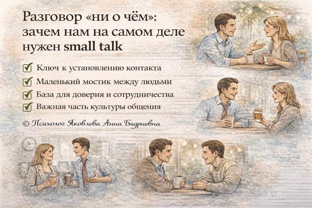 Но в реальности разговор «ни о чём» — это не пустота, а важнейший элемент человеческого общения. Именно он помогает нам устанавливать контакт, чувствовать себя частью общества и безопасно приближаться друг к другу.