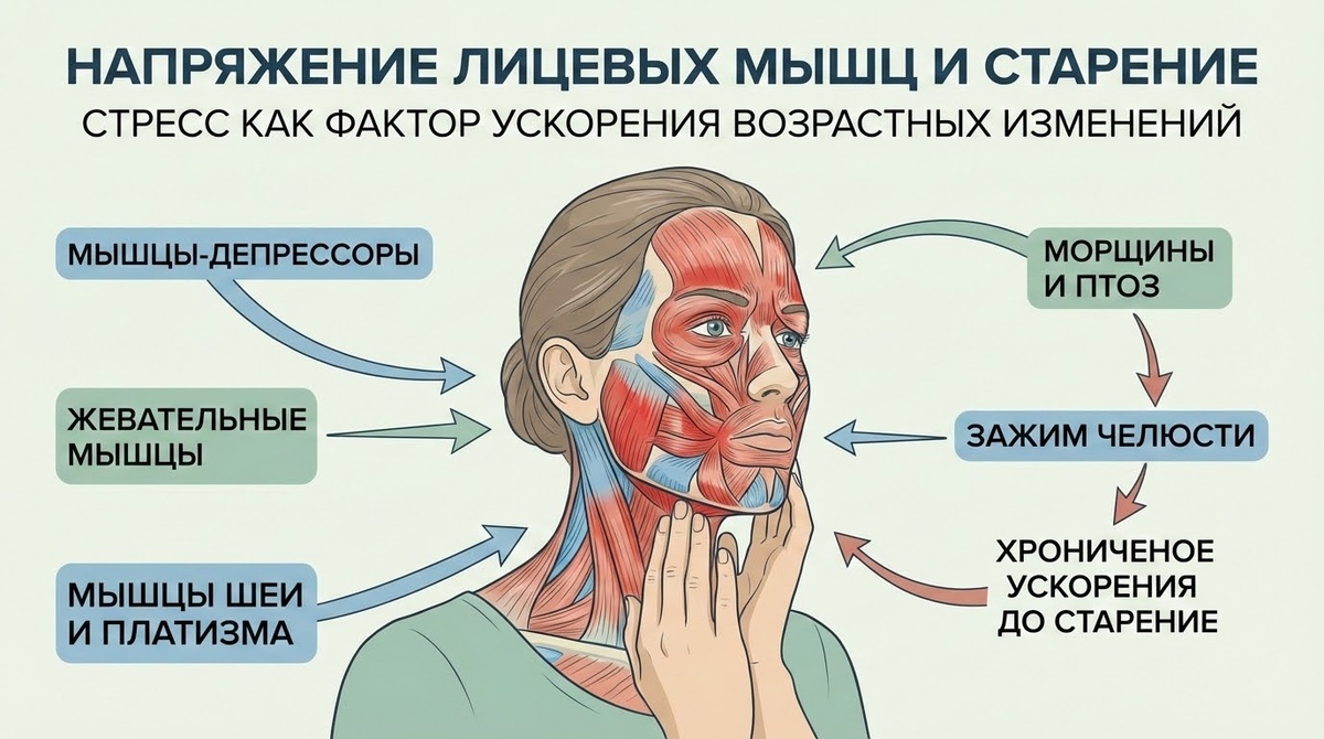 Напряжение мышц лица и шеи как причина морщин и отёков.