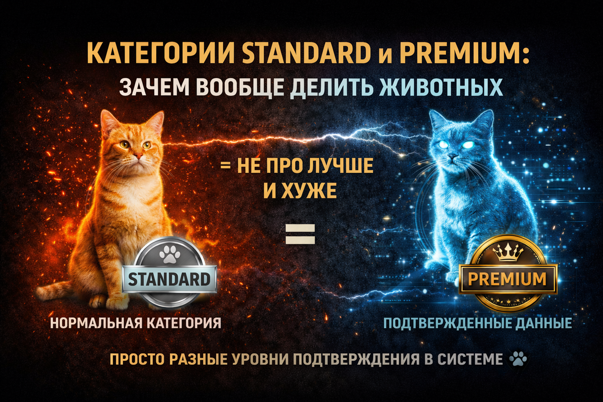 Standard — для жизни, начала и спокойной регистрации
Premium — для подтверждения, статуса и развития
Разница — в уровне проверок, а не в ценности животного
