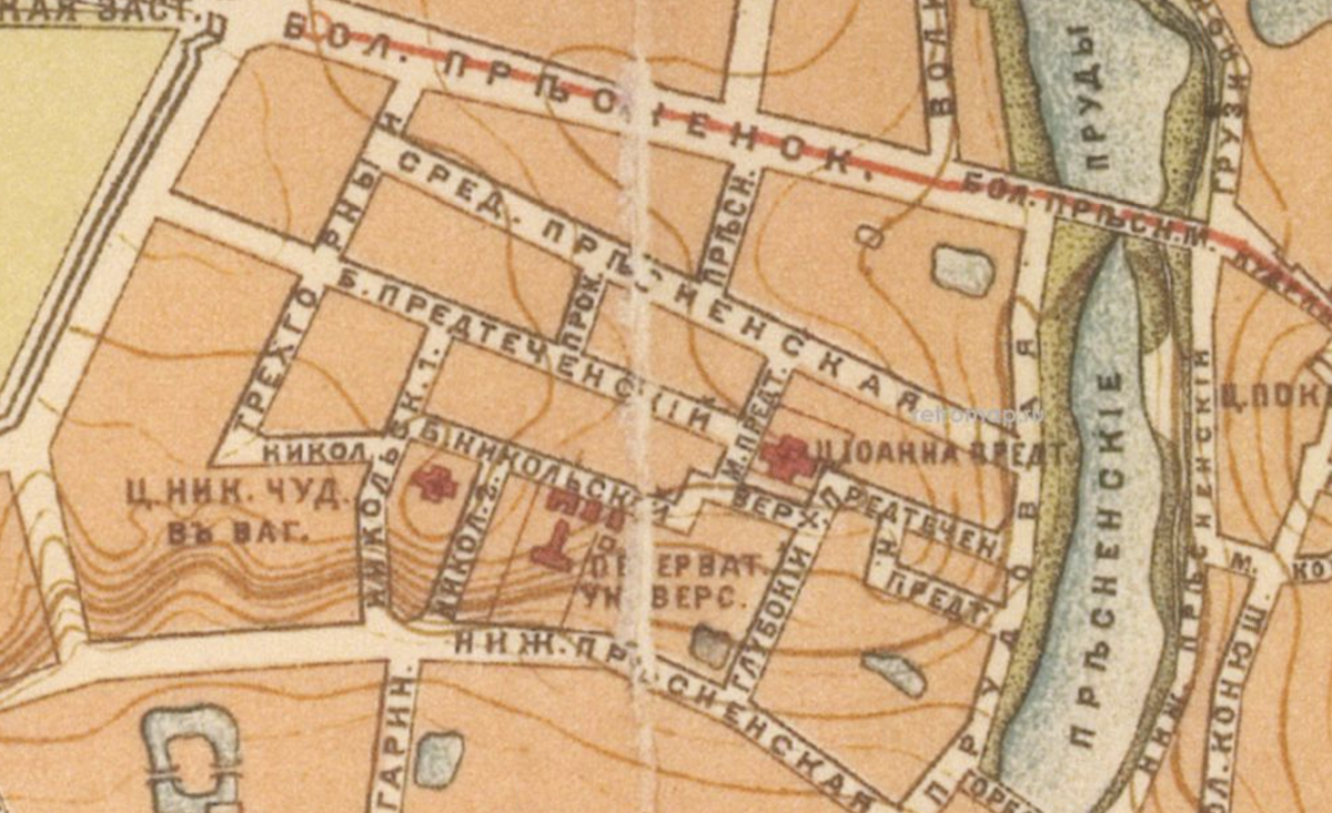 Средняя Пресненская улица (Заморёнова) на карте Москвы 1890 года. С сайта www.retromap.ru.