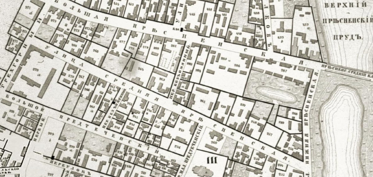 Застройка улицы на Хотевском плане Москвы 1852 года. С сайта www.retromap.ru.
