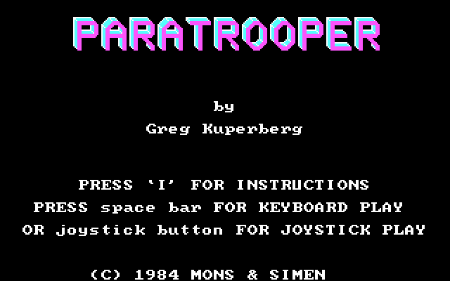 Заставка игры. Там ещё доолго пиликала "мелодия". Обратим внимание: можно играть с джойстиком, но никаких "мышек". Мышиный век ещё впереди.